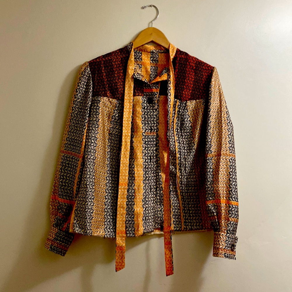 Vintage Silk Printed Tie-Front Blouse Size Large